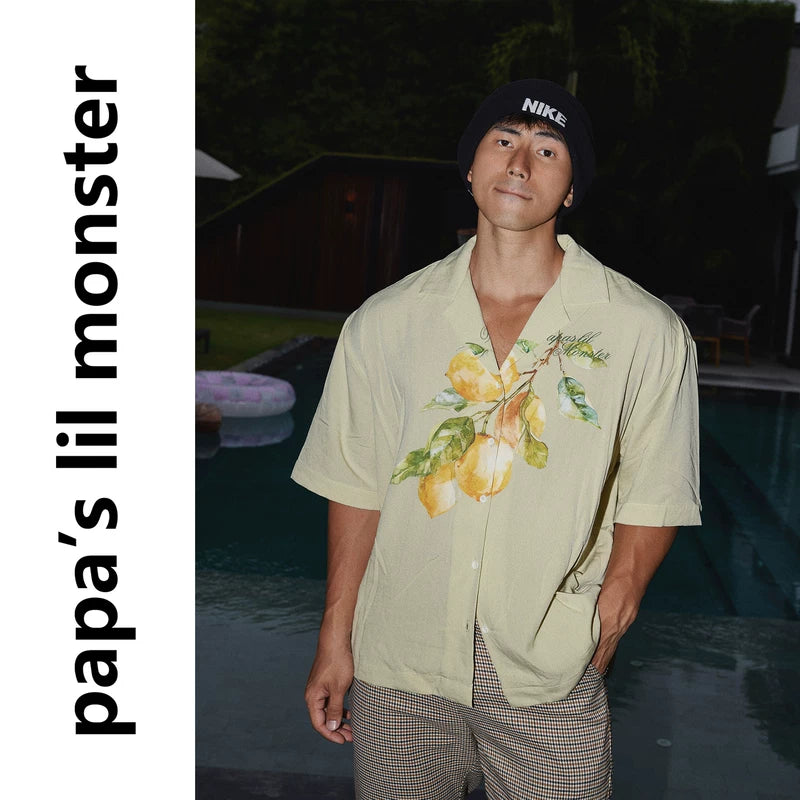 6220267535623,6220267535624,6220267535625, Lemon Print Cuban Collar Short-Sleeve Shirt
