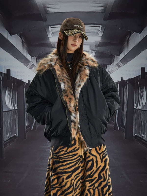 Leopard Faux Fur Collar Padded Jacket 1