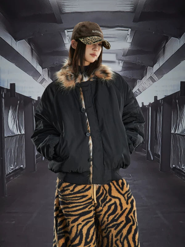 Leopard Faux Fur Collar Padded Jacket 2