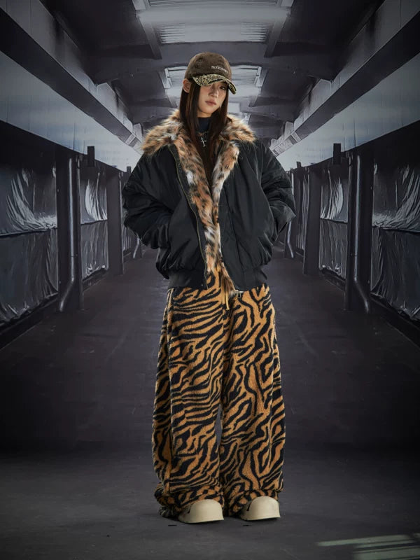 Leopard Faux Fur Collar Padded Jacket 4