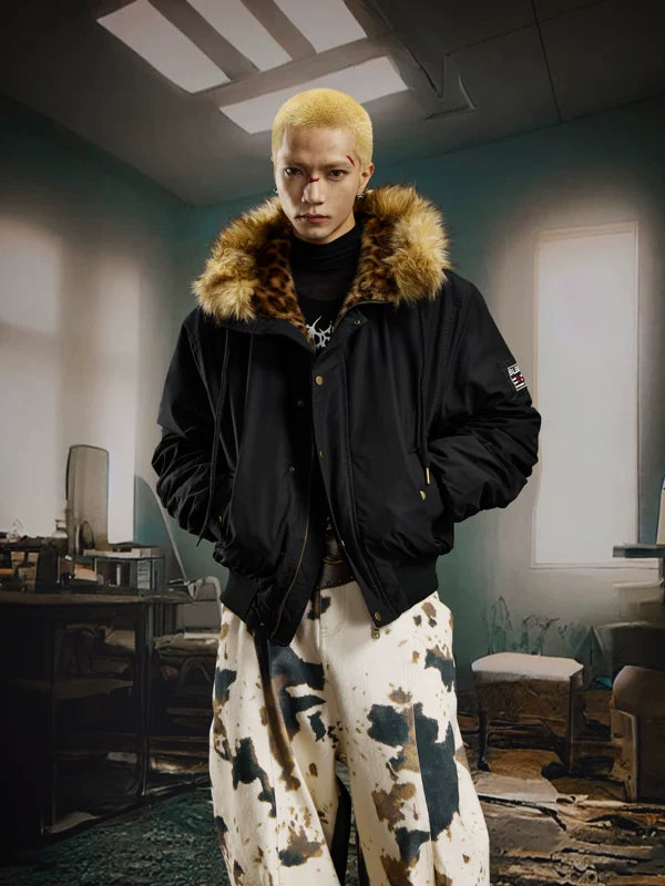 Leopard Faux Fur Hooded Padded Jacket 1