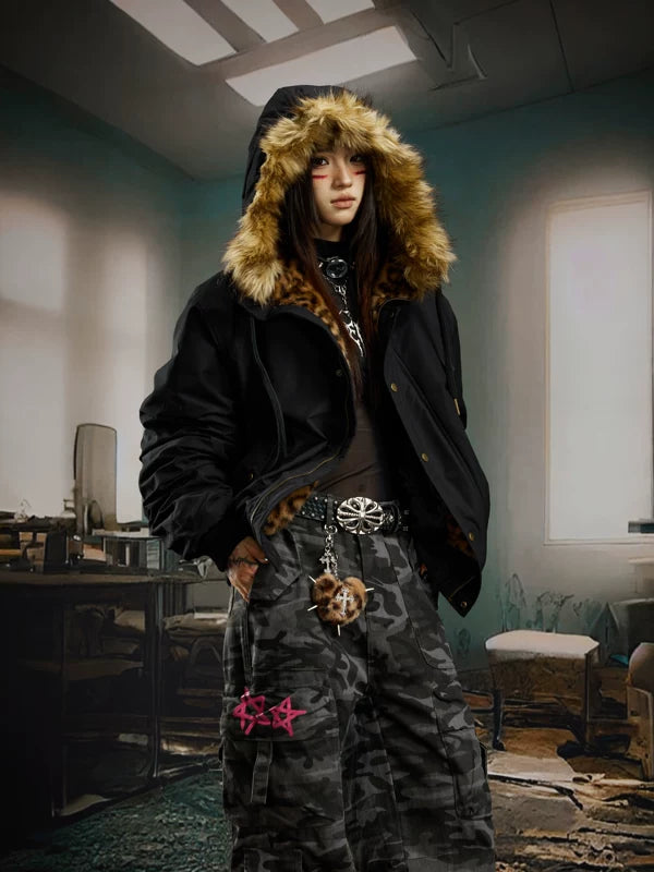 Leopard Faux Fur Hooded Padded Jacket 2