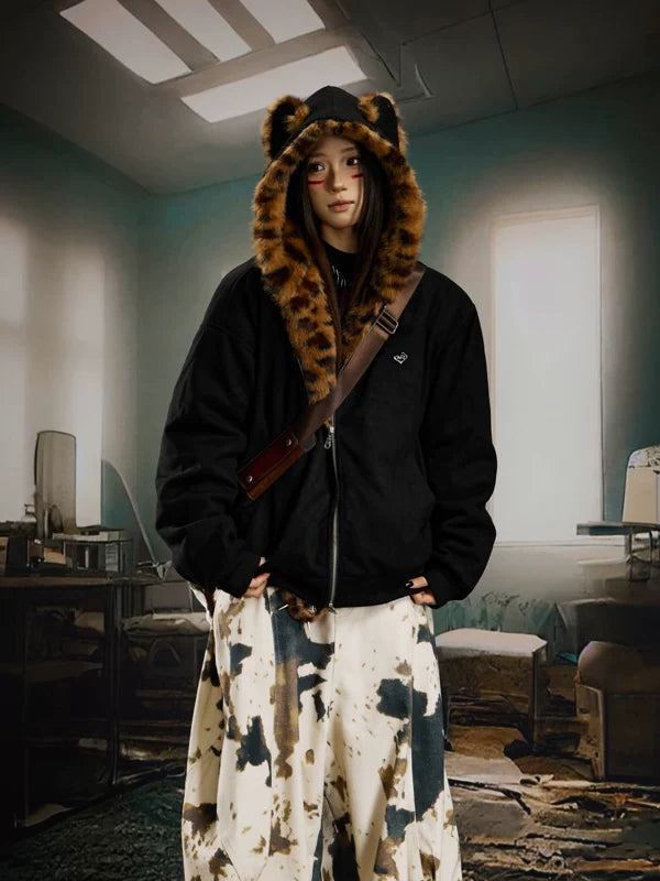 Leopard Furry Hooded Quilted Zip Jacket 1