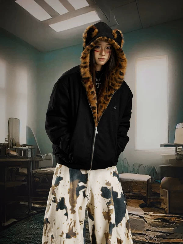 Leopard Furry Hooded Quilted Zip Jacket 2