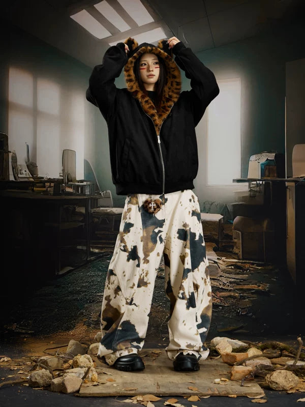 Leopard Furry Hooded Quilted Zip Jacket 4