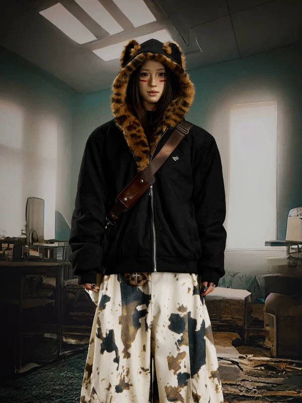 5939495184474,5940775941481,5940775941482,5940775941483, Leopard Furry Hooded Quilted Zip Jacket