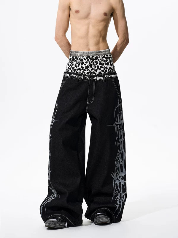 Leopard Patchwork Double Waistband Wide-Leg Pants 2