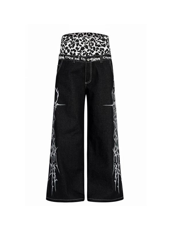 Leopard Patchwork Double Waistband Wide-Leg Pants 5