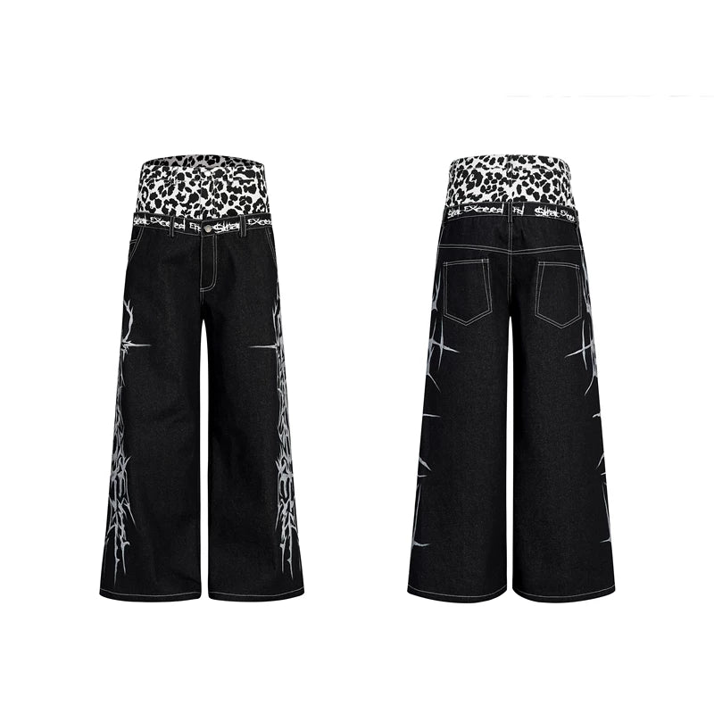 5934008653759,5934008653760,5934008653761,5934008653762, Leopard Patchwork Double Waistband Wide-Leg Pants