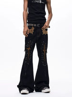 Leopard Patchwork Studded Flared Jeans Pants 2