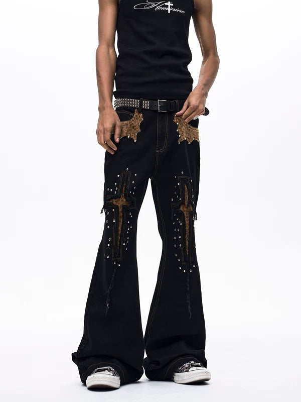 Leopard Patchwork Studded Flared Jeans Pants 2