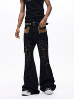 Leopard Patchwork Studded Flared Jeans Pants 3