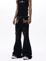Leopard Patchwork Studded Flared Jeans Pants 4