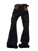 Leopard Patchwork Studded Flared Jeans Pants 5