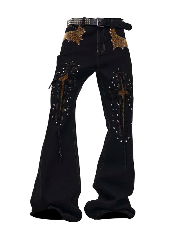 Leopard Patchwork Studded Flared Jeans Pants 5