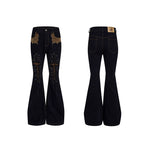 6043536296060,6043536296061,6043536296062,6043536296063, Leopard Patchwork Studded Flared Jeans Pants