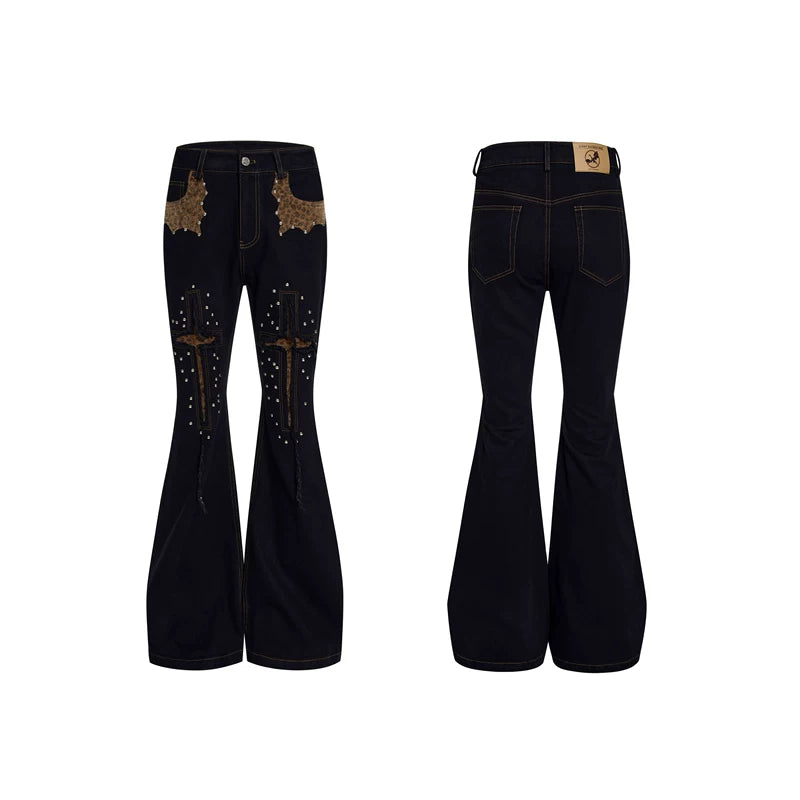 6043536296060,6043536296061,6043536296062,6043536296063, Leopard Patchwork Studded Flared Jeans Pants
