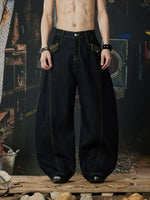 Leopard Patchwork Wide-Leg Curved Denim Pants 1