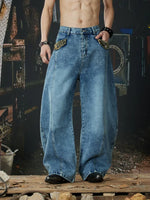 Leopard Patchwork Wide-Leg Curved Denim Pants 2