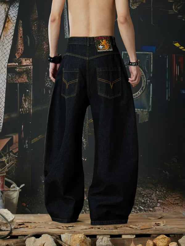 Leopard Patchwork Wide-Leg Curved Denim Pants 3