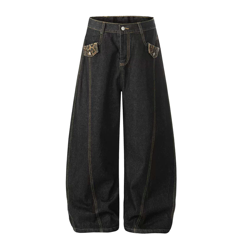 6030847532379,6030847532380,6030847532381,6030847532382, Leopard Patchwork Wide-Leg Curved Denim Pants