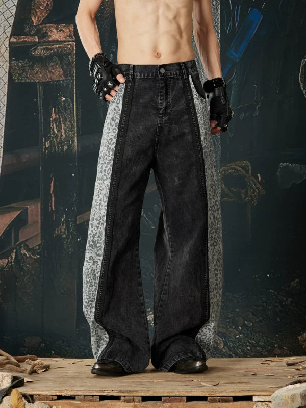 Leopard Patchwork Wide-Leg Distressed Jeans Pants 1