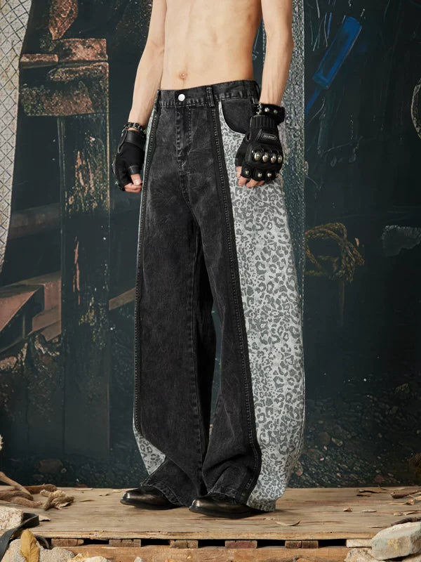 Leopard Patchwork Wide-Leg Distressed Jeans Pants 2