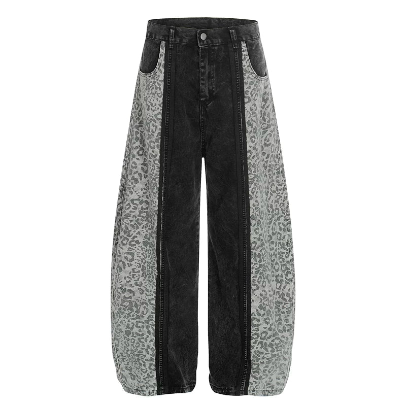 6031915805697,6031915805698,6031915805699,6031915805700, Leopard Patchwork Wide-Leg Distressed Jeans Pants