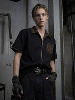 Leopard Patchwork Zip-Front Short-Sleeve Shirt 1