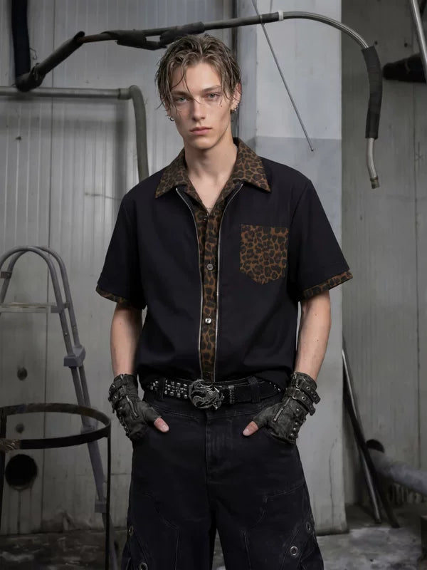 Leopard Patchwork Zip-Front Short-Sleeve Shirt 2