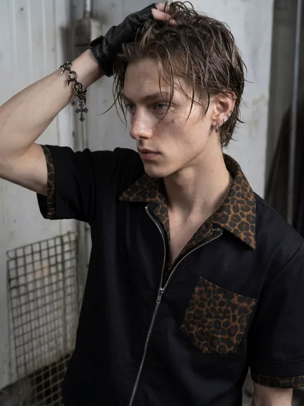 Leopard Patchwork Zip-Front Short-Sleeve Shirt 3