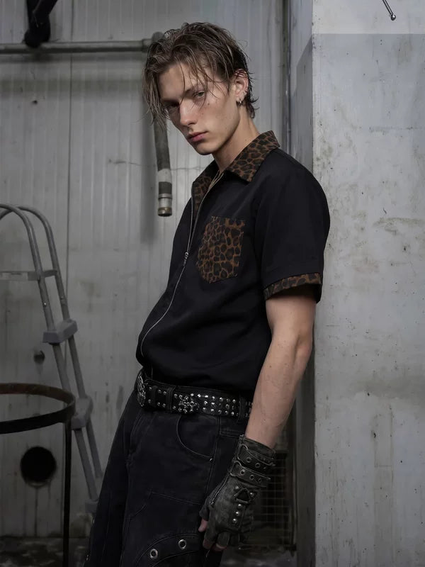 Leopard Patchwork Zip-Front Short-Sleeve Shirt 5