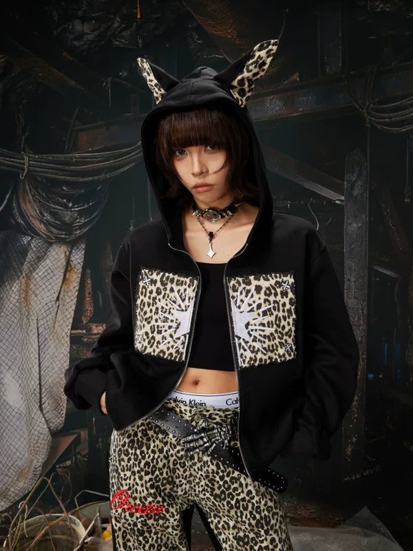Leopard Patchwork Zip Hoodie with Ears 1