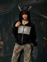 Leopard Patchwork Zip Hoodie with Ears 2