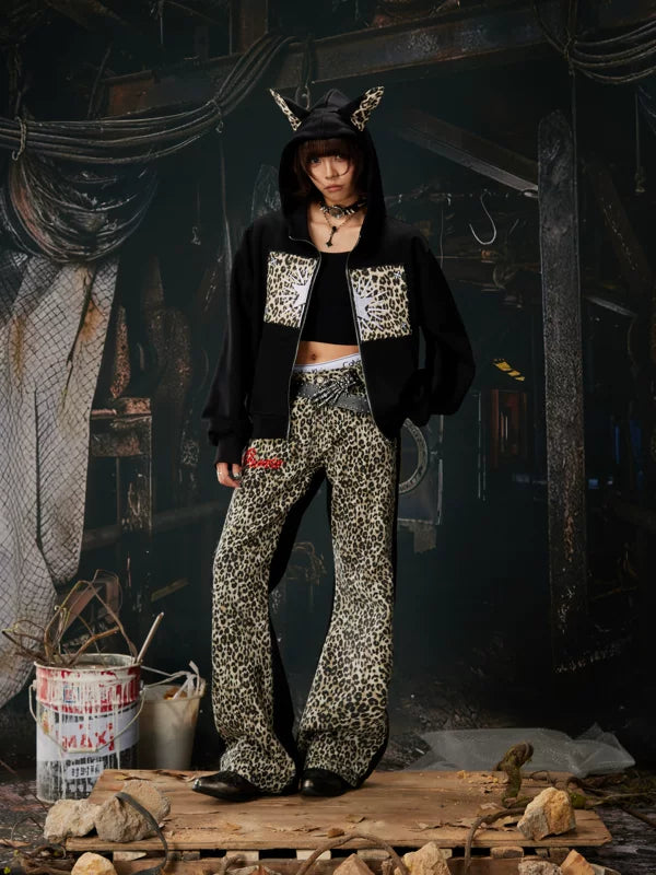 Leopard Patchwork Zip Hoodie with Ears 4