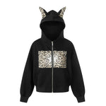 6209481879719,6209481879720,6209481879721, Leopard Patchwork Zip Hoodie with Ears