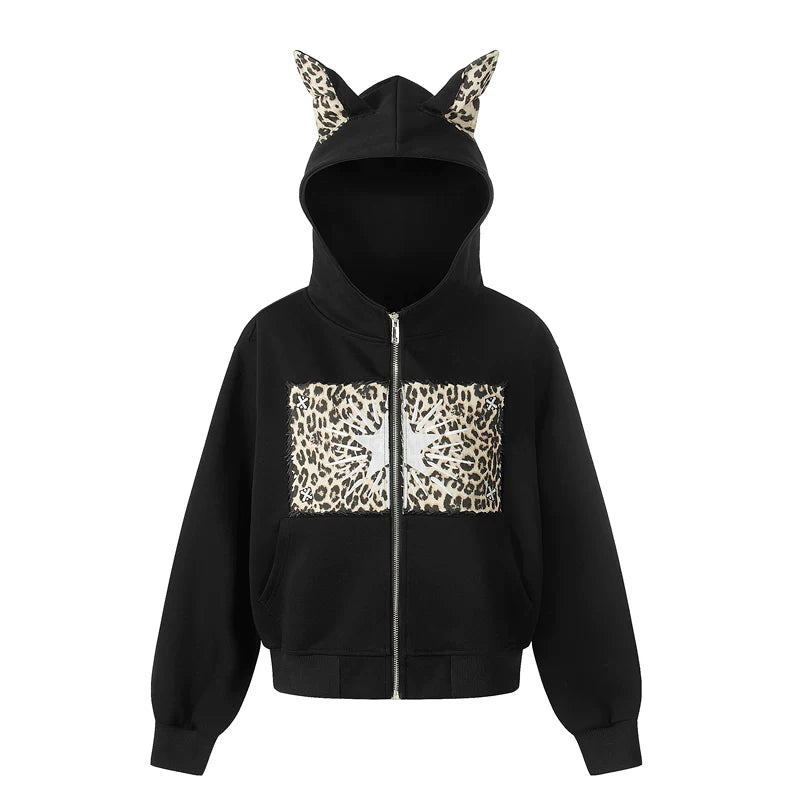 6209481879719,6209481879720,6209481879721, Leopard Patchwork Zip Hoodie with Ears