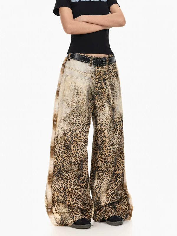 Leopard Print Baggy Wide Leg Jeans Pants 3