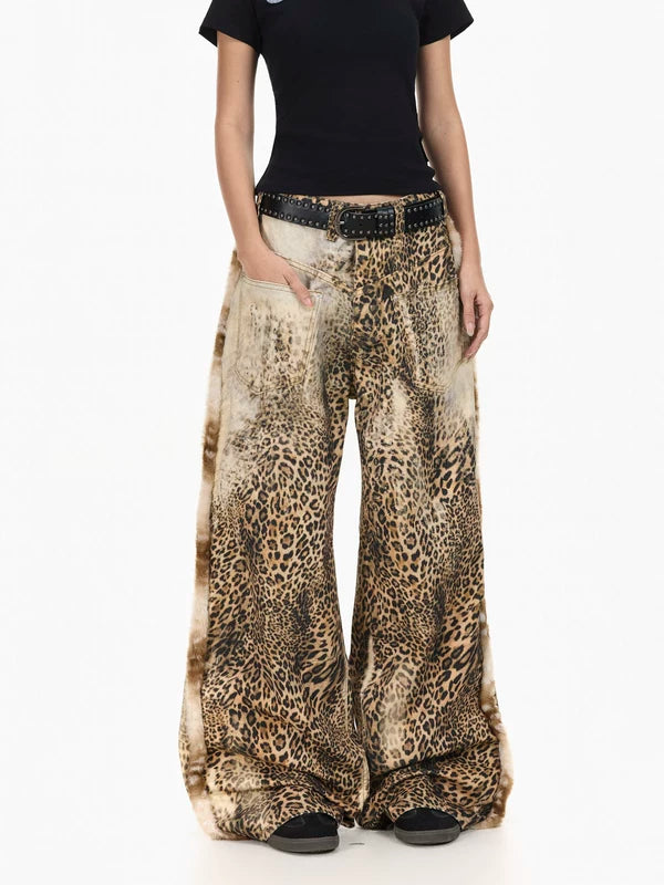 Leopard Print Baggy Wide Leg Jeans Pants 4