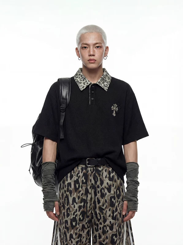 Leopard Print Collar Loose Polo T-Shirt 1