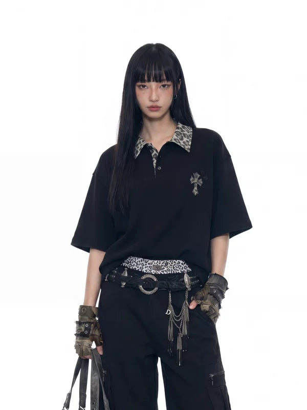 Leopard Print Collar Loose Polo T-Shirt 2
