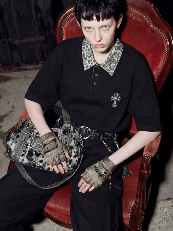 Leopard Print Collar Loose Polo T-Shirt 3