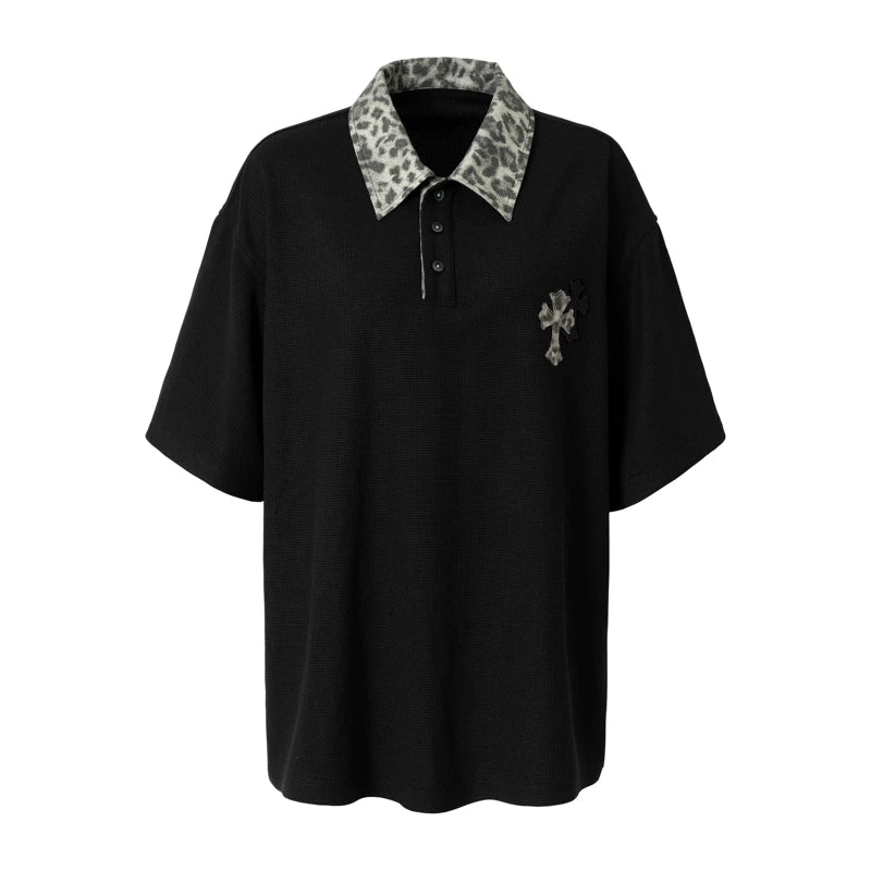 6223256823091,6223256823092,6223256823093,6229281578936, Leopard Print Collar Loose Polo T-Shirt