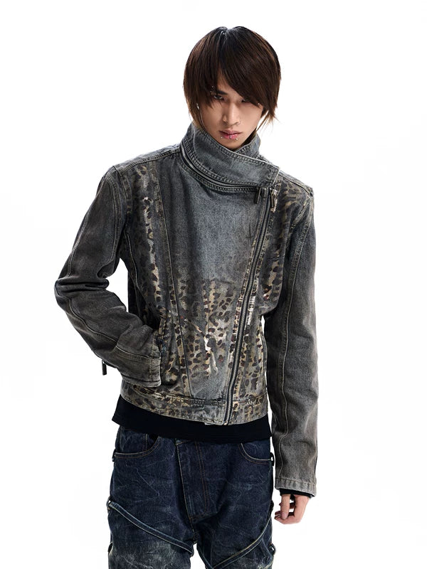 Leopard Print Distressed Denim Moto Jacket 1