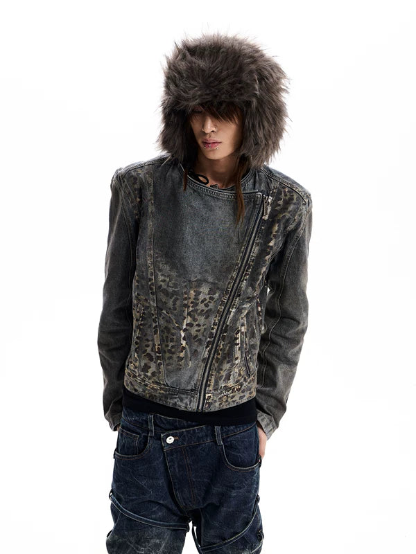 Leopard Print Distressed Denim Moto Jacket 2