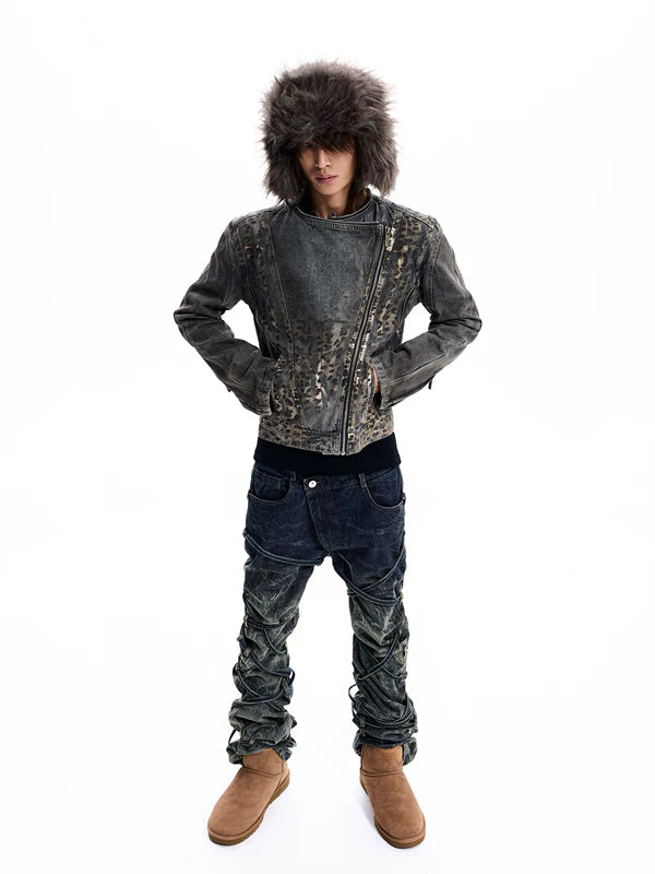 Leopard Print Distressed Denim Moto Jacket 3