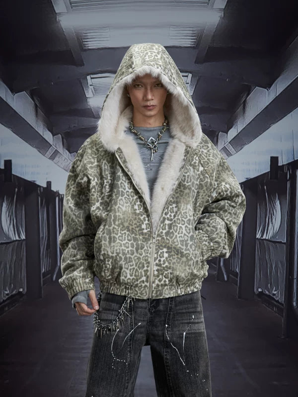 5991191433990,5991191433991,5991191433992,5991191433993, Leopard Print Faux Fur Lined Hooded Jacket