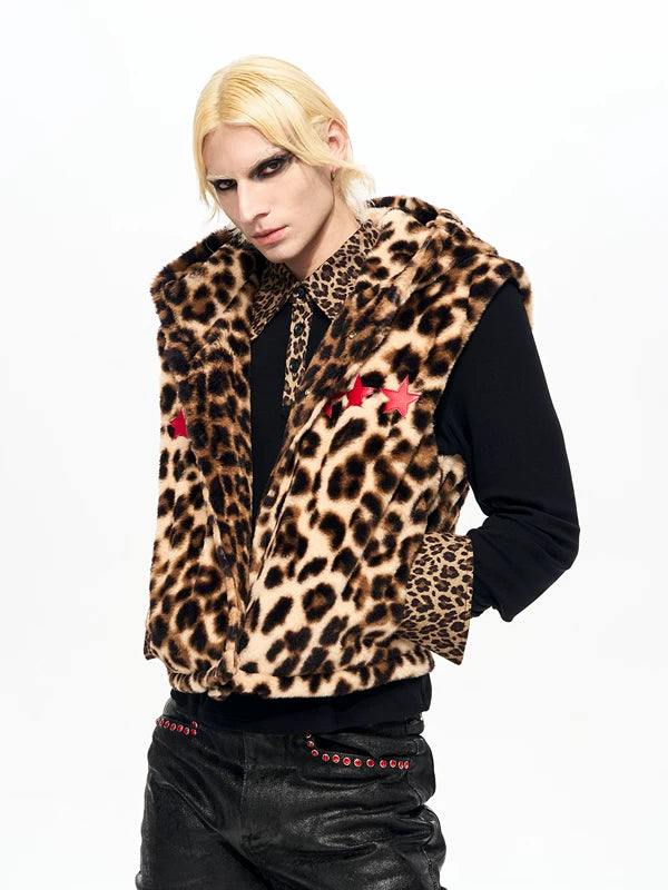 Leopard Print Hooded Faux Fur Vest 3