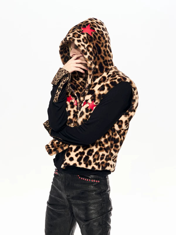 Leopard Print Hooded Faux Fur Vest 4