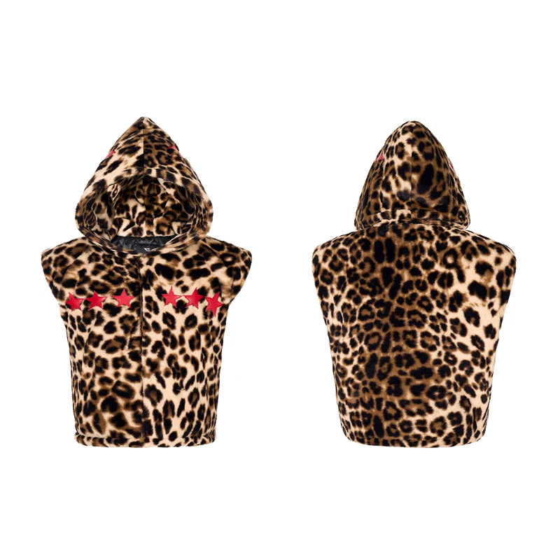 6126507486515,6126507486516,6126507486517, Leopard Print Hooded Faux Fur Vest